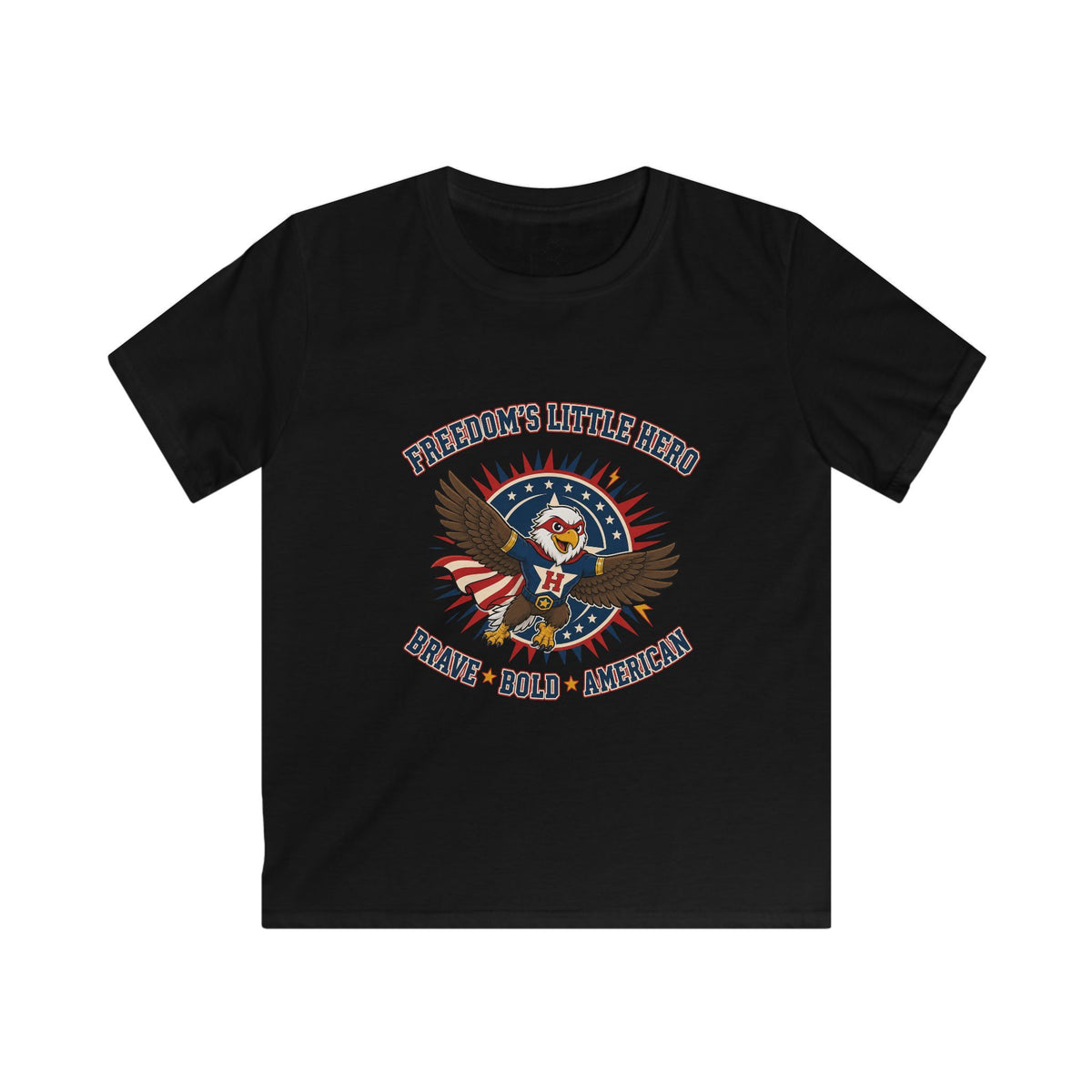 Front view of black kids T-shirt with a superhero eagle and “Freedom’s Little Hero — Brave, Bold, American” lettering.