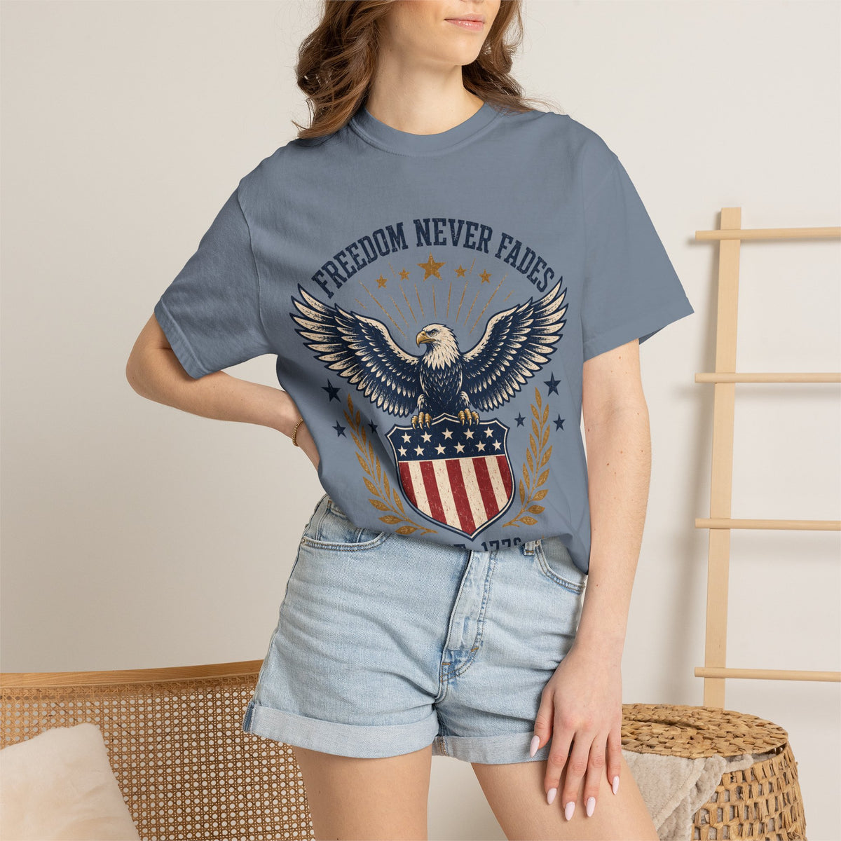 Freedom Never Fades T-Shirt — Vintage Eagle Shield Patriotic Tee (Est. 1776)