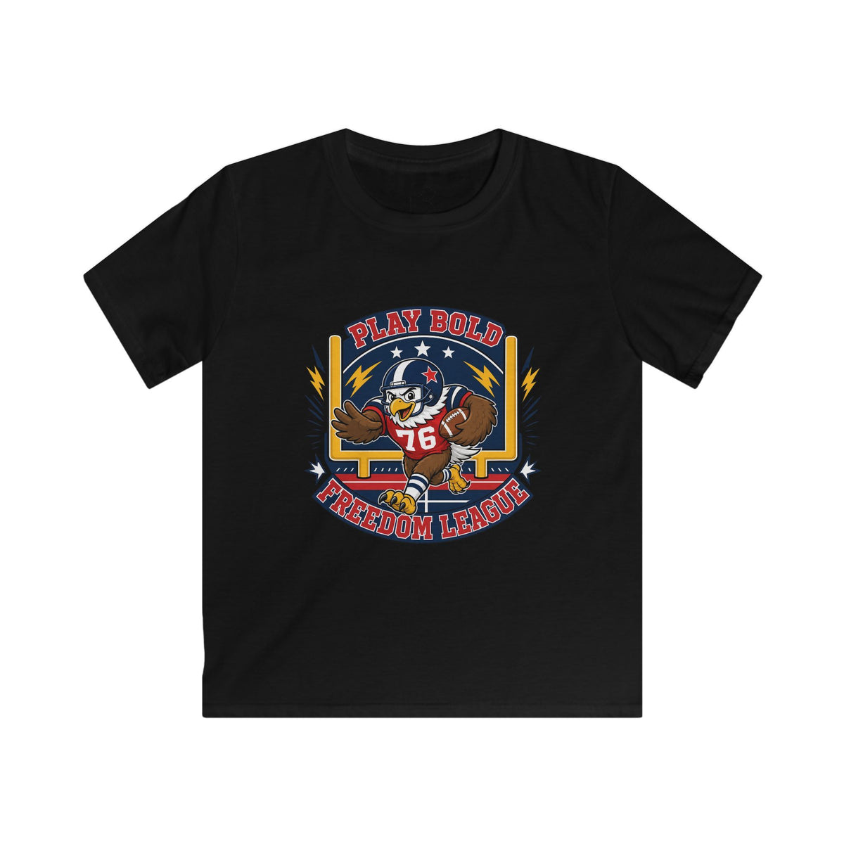 Kids Football Tee — "Play Bold: Freedom League" Retro Mascot Shirt