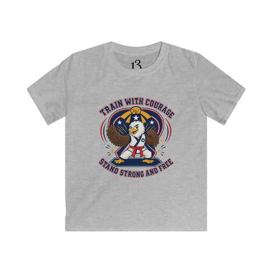 Kids Tee — "Train With Courage, Stand Strong And Free" Patriotic Martial Arts Penguin Design
