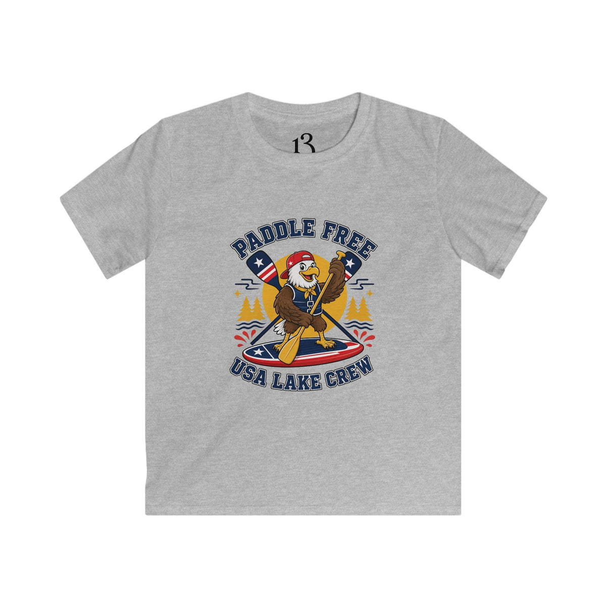Kids Paddle Free USA Lake Crew T-shirt with paddleboarding eagle