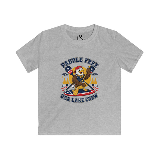 Kids Paddle Free USA Lake Crew T-shirt with paddleboarding eagle