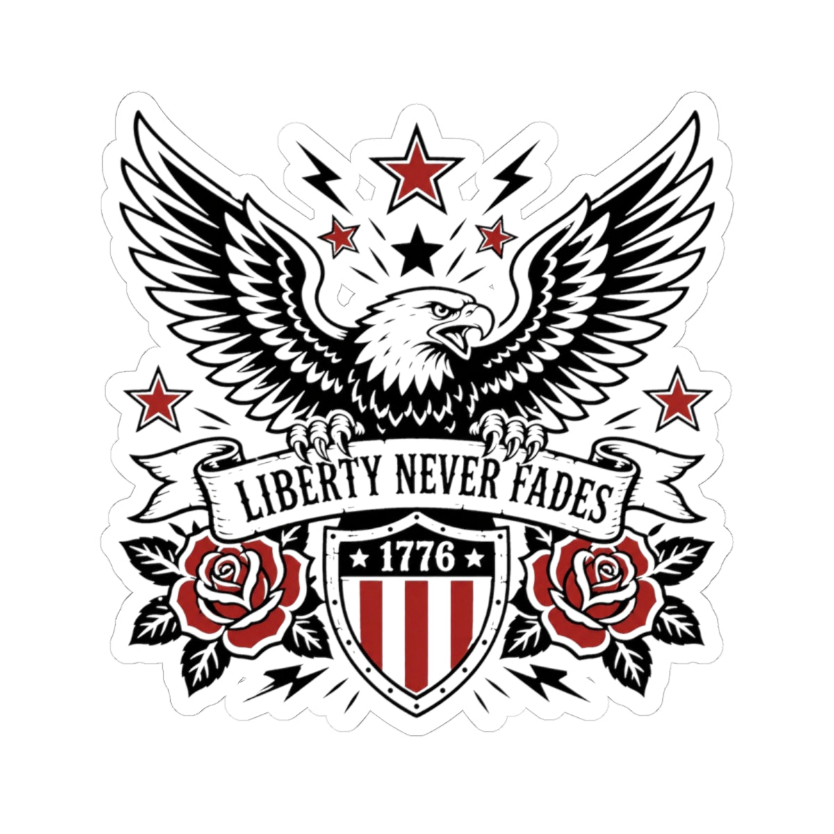 Liberty Never Fades Eagle Sticker — Patriotic 1776 Shield Kiss-Cut Sticker