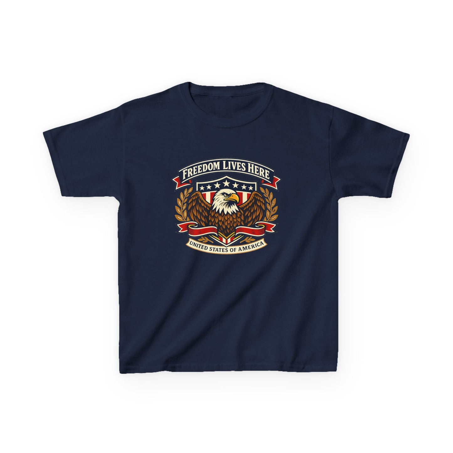 Kids T-Shirt — 'Freedom Lives Here' Eagle Patriotic Tee (Fourth of July, Memorial Day)