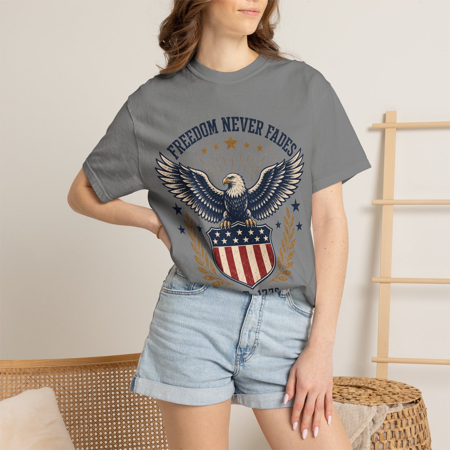 Freedom Never Fades T-Shirt — Vintage Eagle Shield Patriotic Tee (Est. 1776)