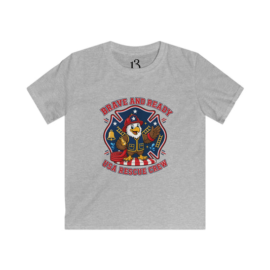 Kids Brave and Ready USA Rescue Crew T-shirt with cartoon firefighter eagle