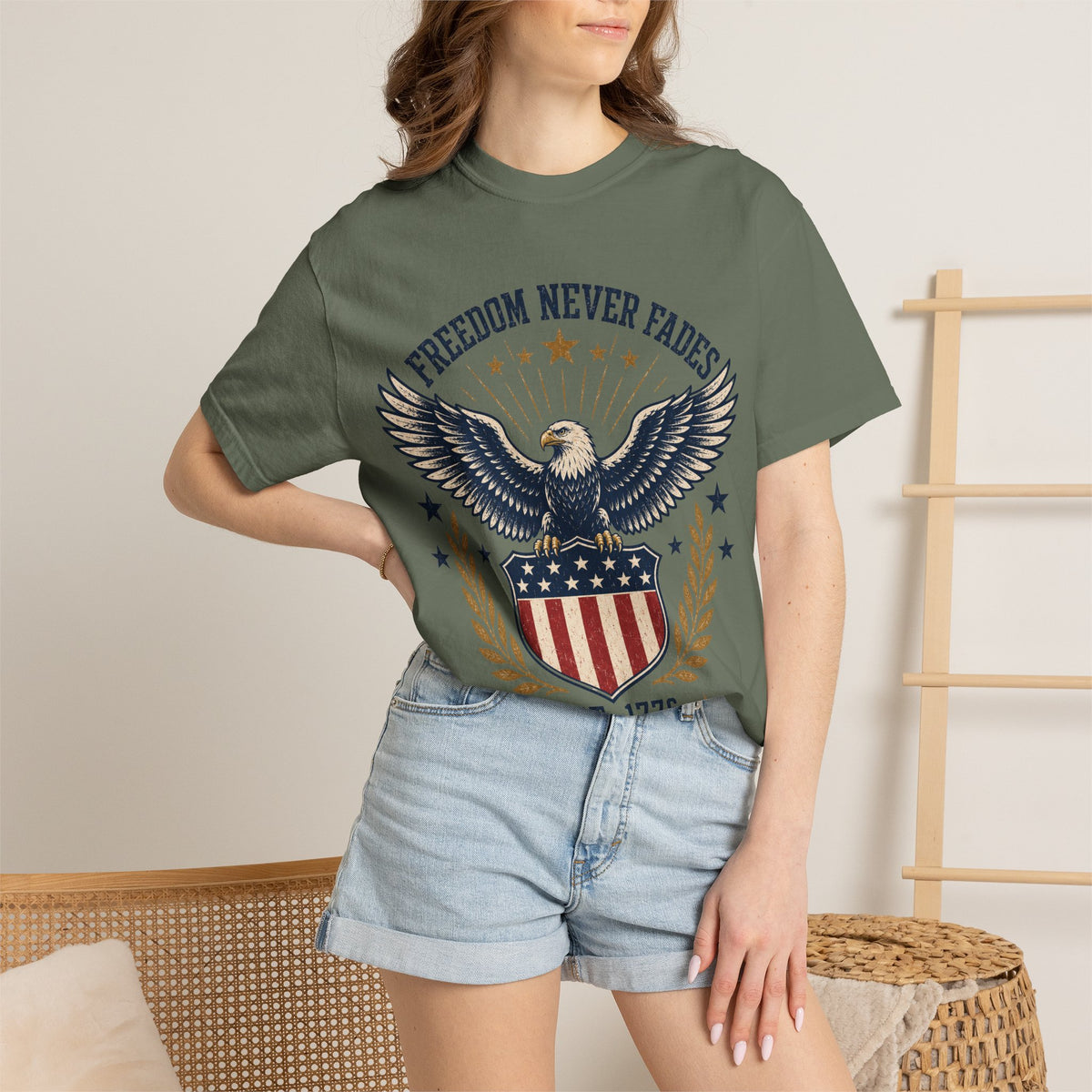 Freedom Never Fades T-Shirt — Vintage Eagle Shield Patriotic Tee (Est. 1776)