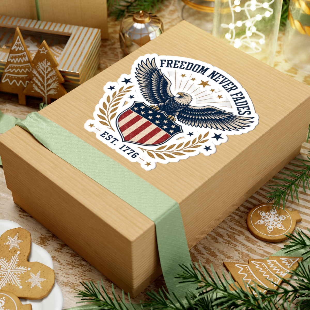 Patriotic Eagle Sticker — "Freedom Never Fades" Kiss-Cut Vinyl (Est. 1776)