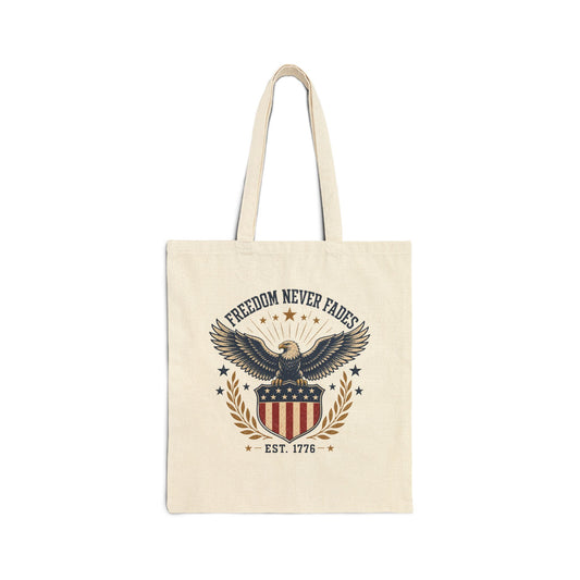Patriotic Eagle Tote Bag — "Freedom Never Fades" Cotton Canvas Shopping Tote