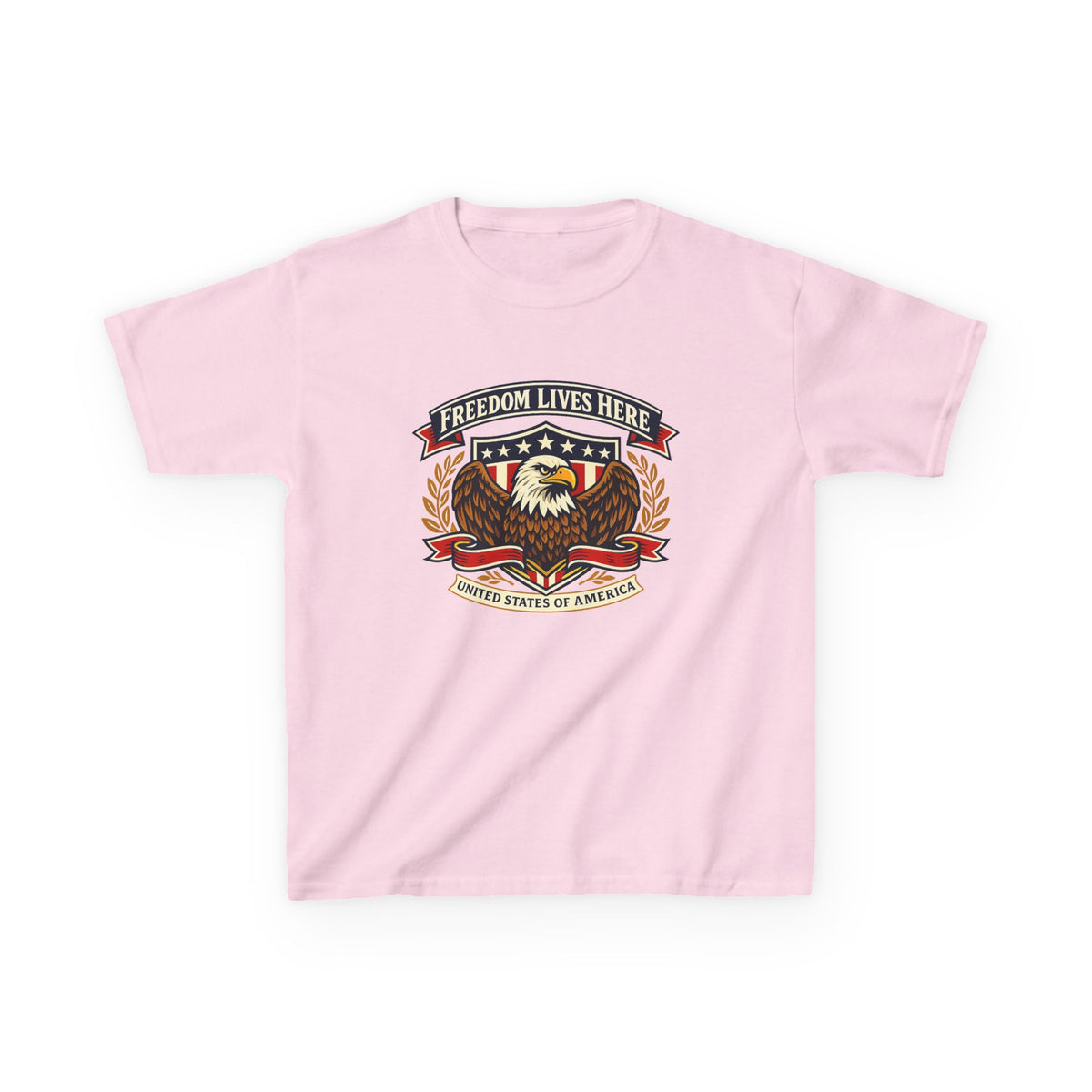 Kids T-Shirt — 'Freedom Lives Here' Eagle Patriotic Tee (Fourth of July, Memorial Day)