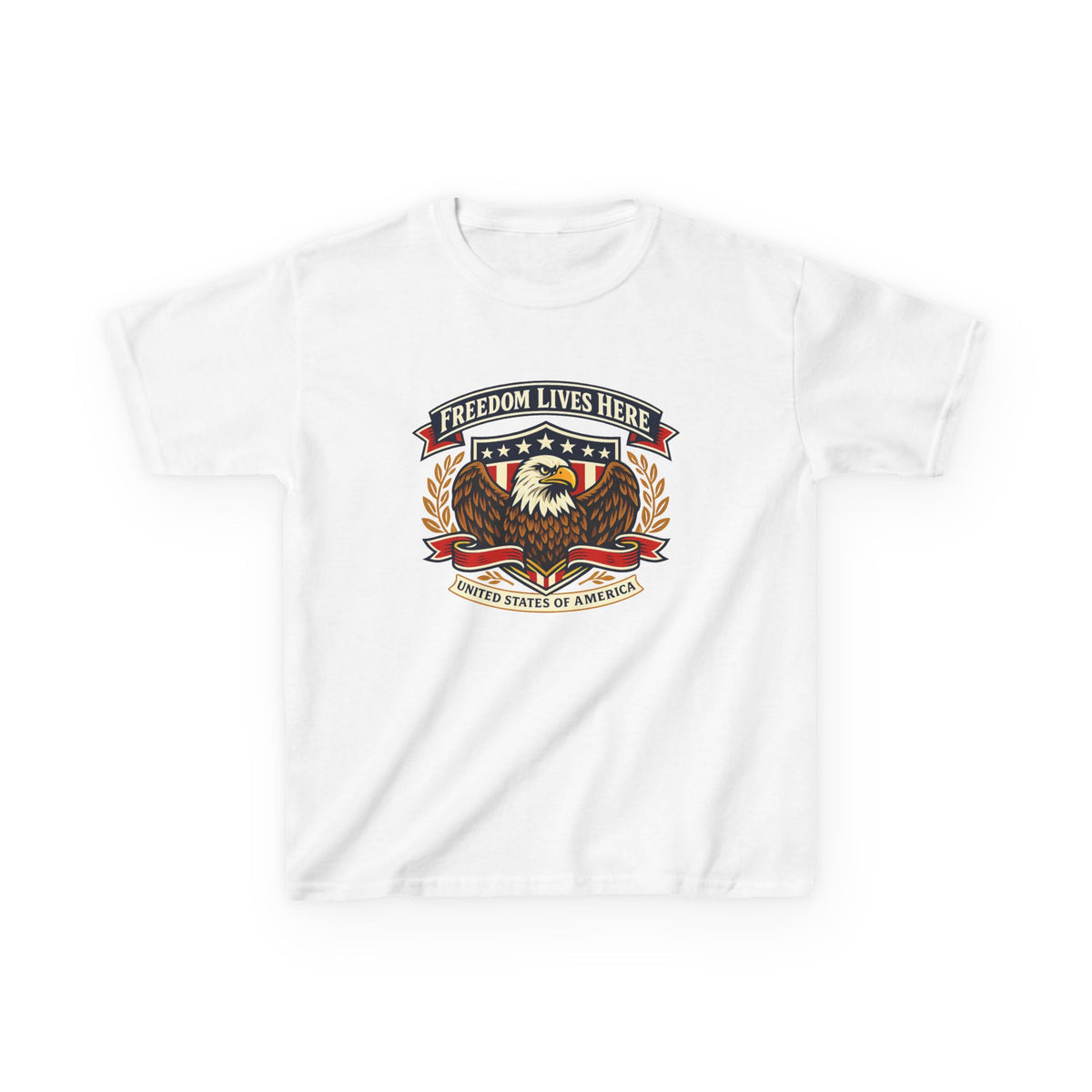 Kids T-Shirt — 'Freedom Lives Here' Eagle Patriotic Tee (Fourth of July, Memorial Day)