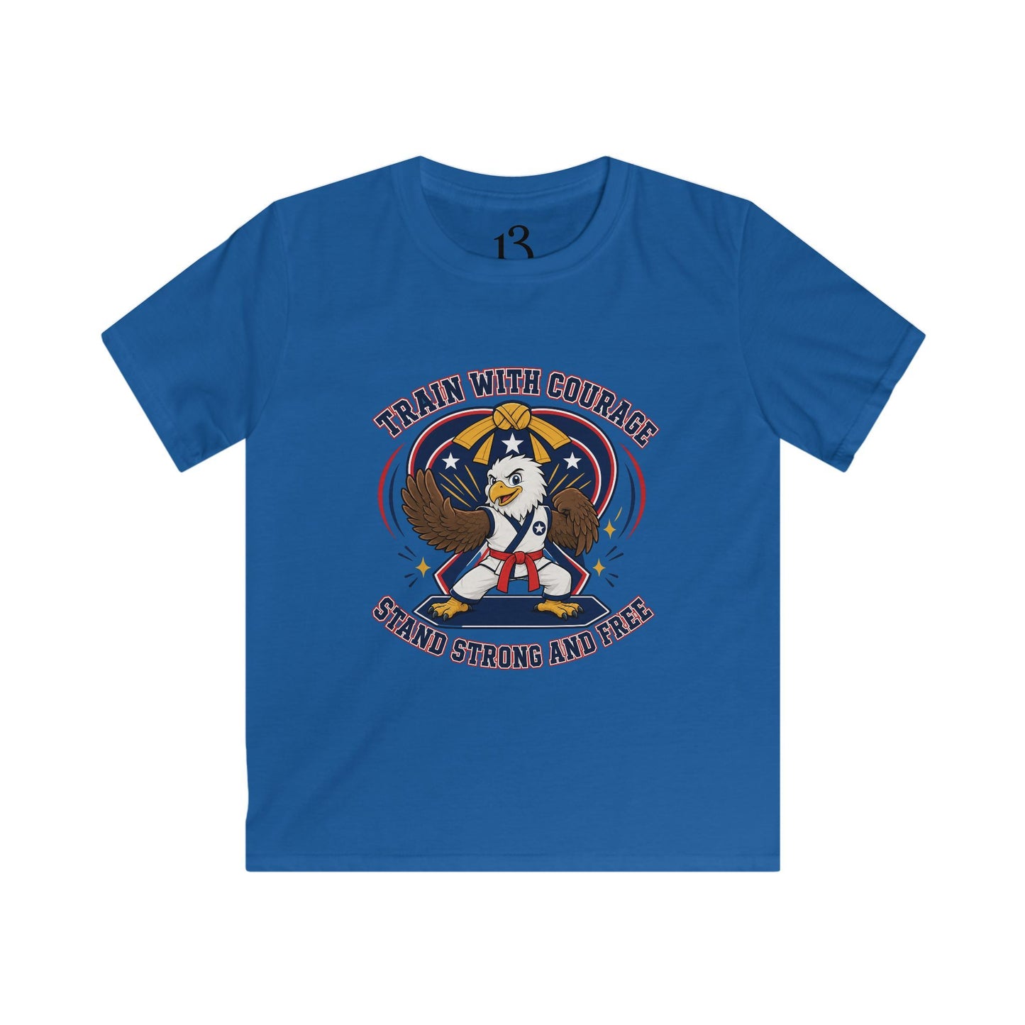 Kids Tee — "Train With Courage, Stand Strong And Free" Patriotic Martial Arts Penguin Design