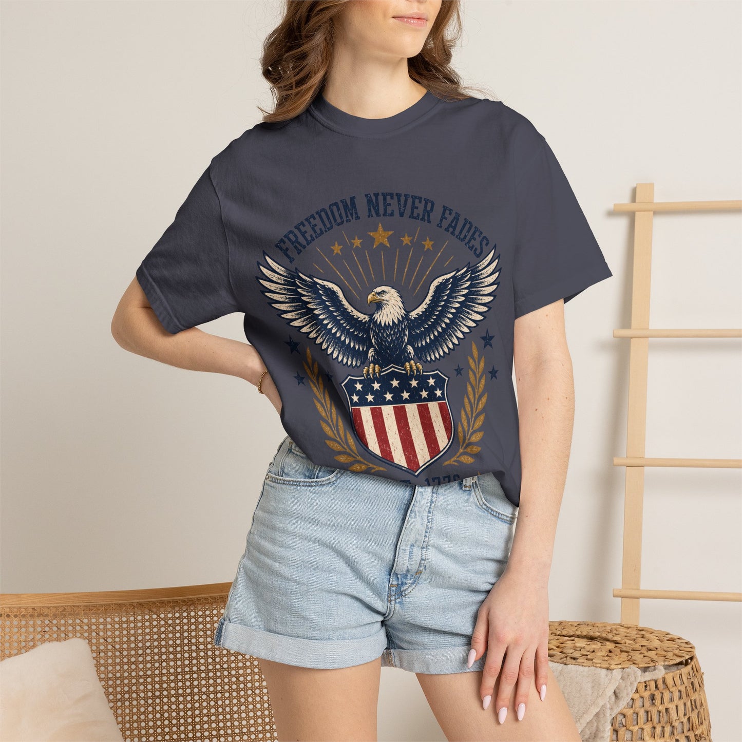 Freedom Never Fades T-Shirt — Vintage Eagle Shield Patriotic Tee (Est. 1776)