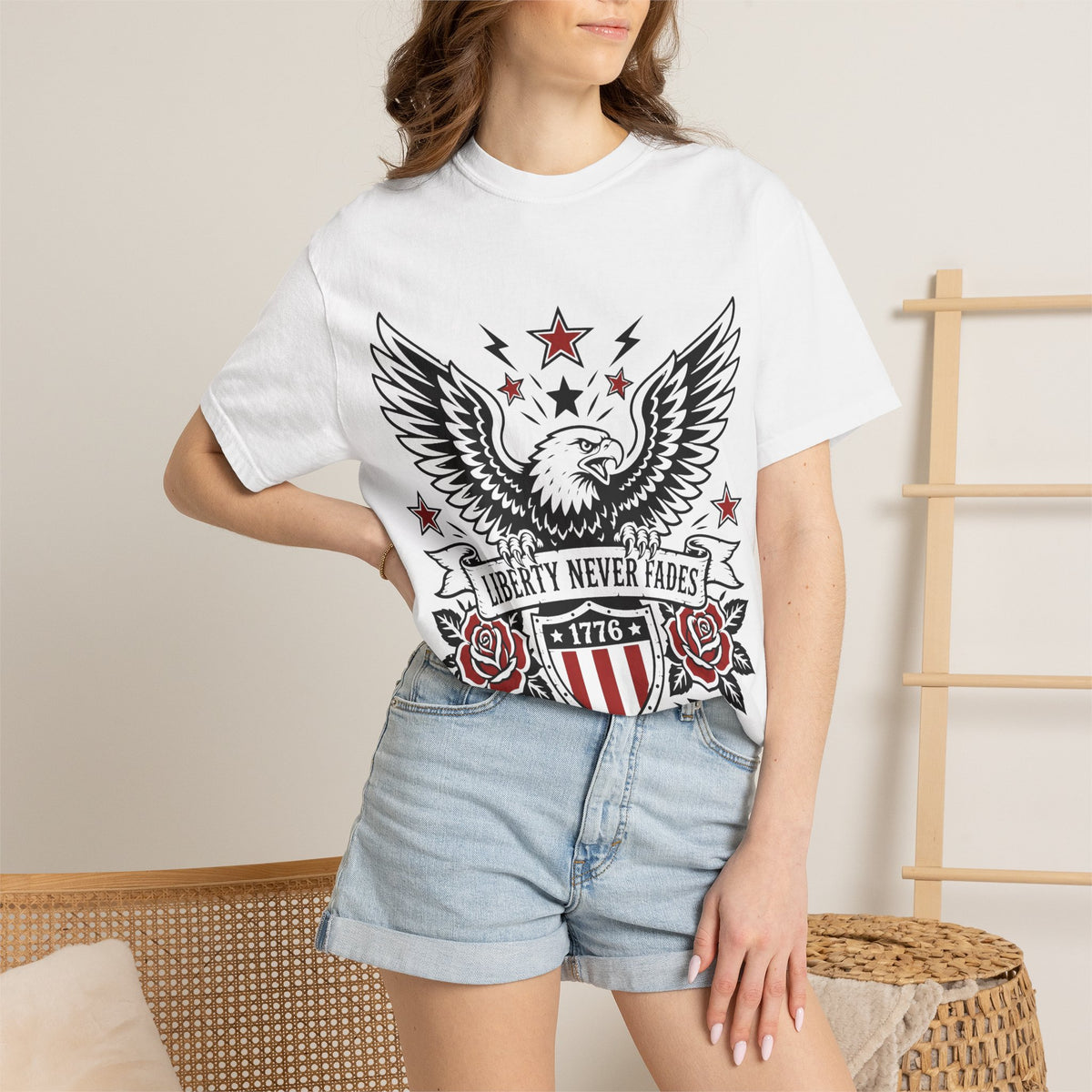 Liberty Never Fades Eagle T-Shirt — Patriotic 1776 Shield Tee