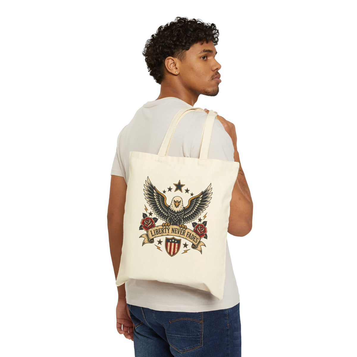 Liberty Never Fades Tote Bag — Patriotic Eagle Canvas Tote