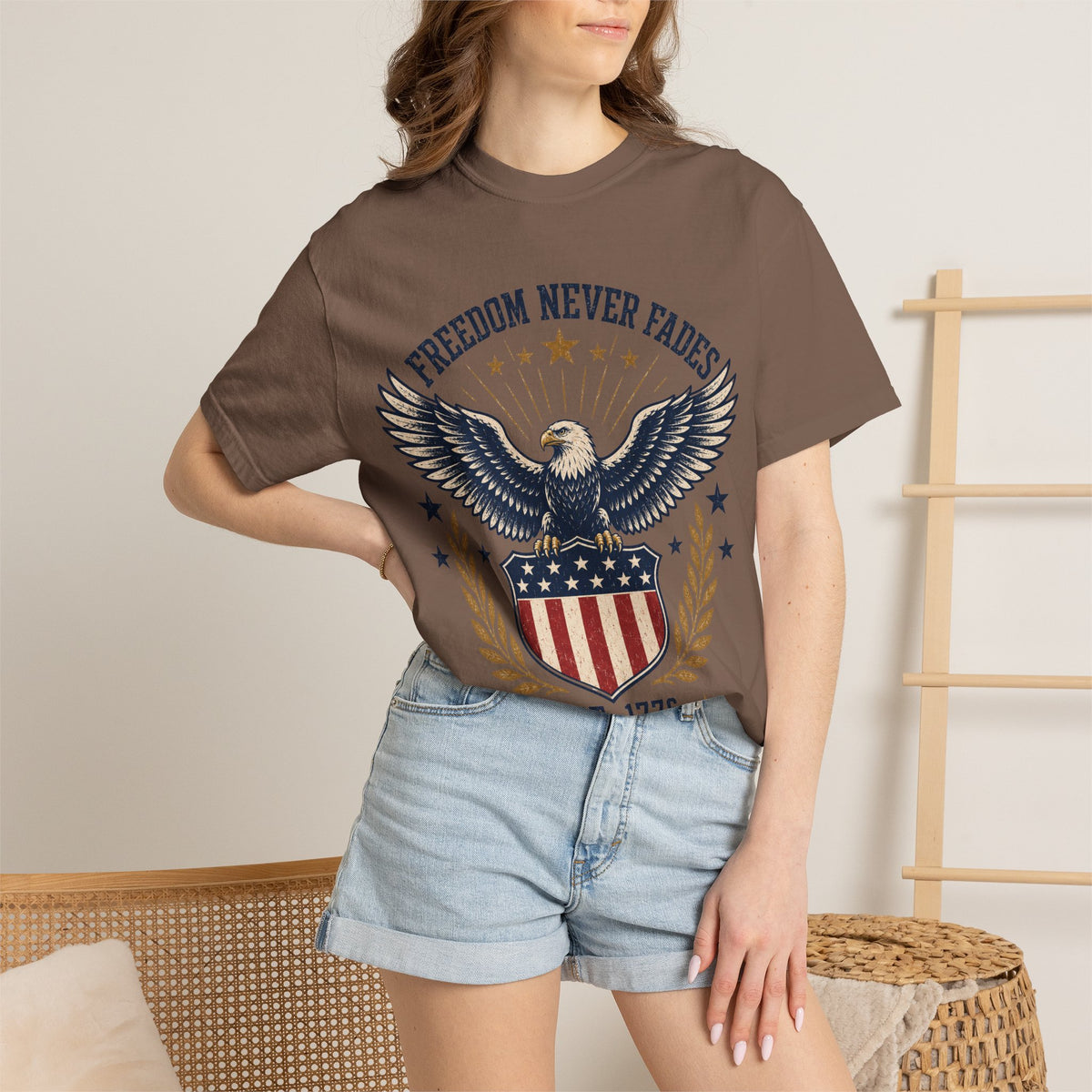 Freedom Never Fades T-Shirt — Vintage Eagle Shield Patriotic Tee (Est. 1776)