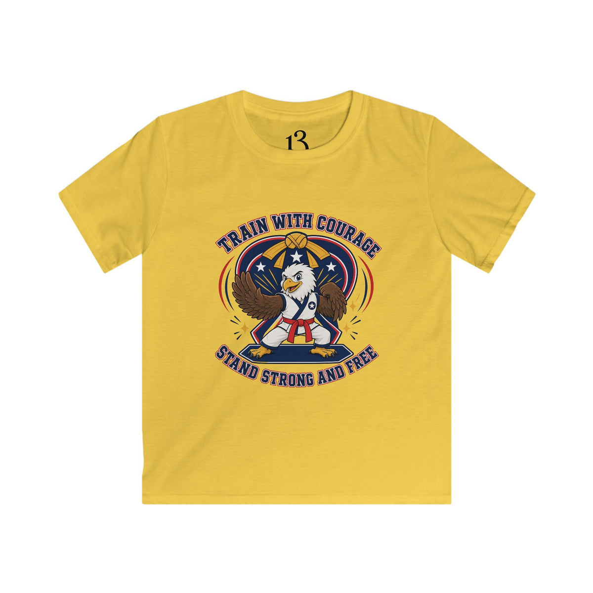Kids Tee — "Train With Courage, Stand Strong And Free" Patriotic Martial Arts Penguin Design