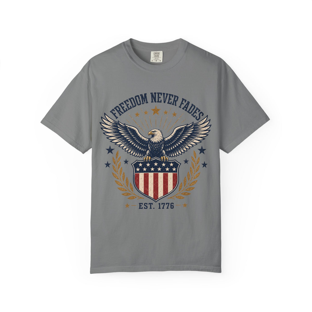 Freedom Never Fades T-Shirt — Vintage Eagle Shield Patriotic Tee (Est. 1776)