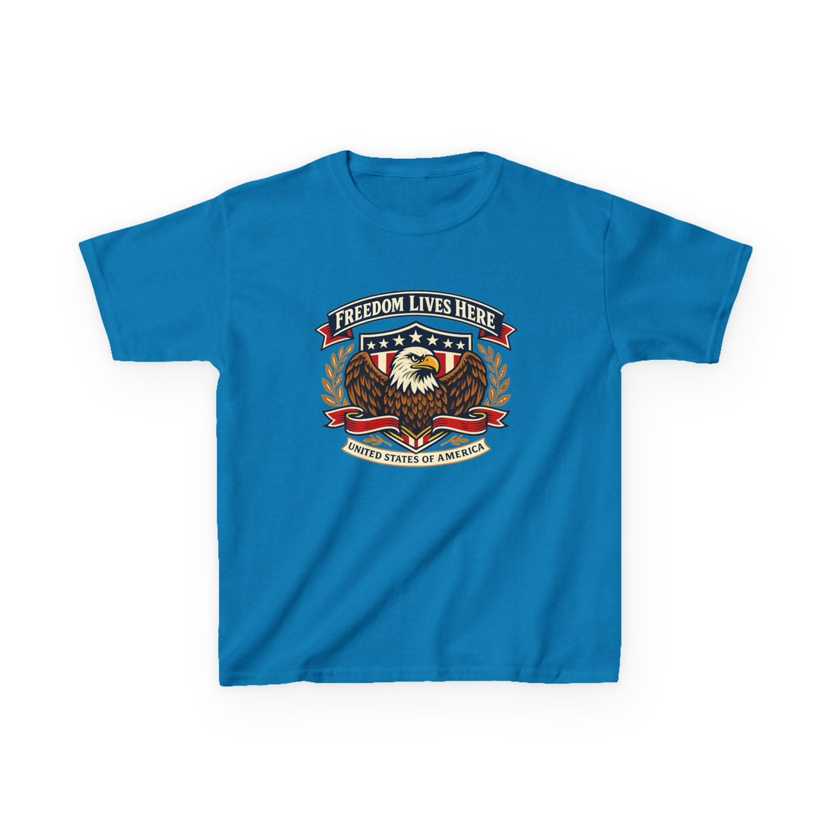 Kids T-Shirt — 'Freedom Lives Here' Eagle Patriotic Tee (Fourth of July, Memorial Day)