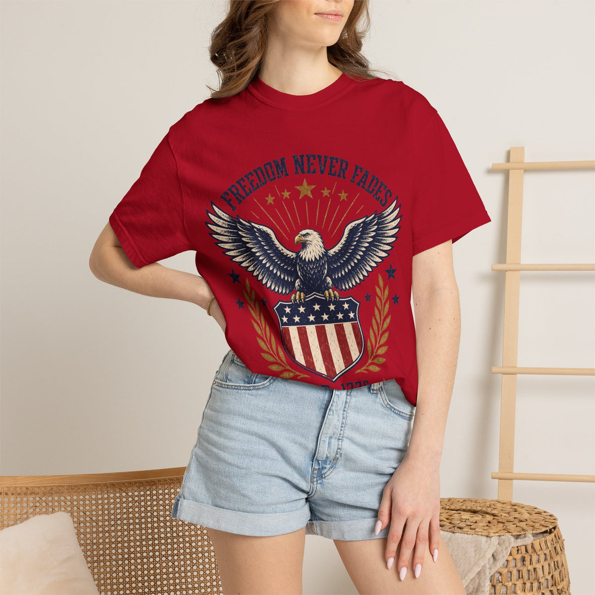 Freedom Never Fades T-Shirt — Vintage Eagle Shield Patriotic Tee (Est. 1776)