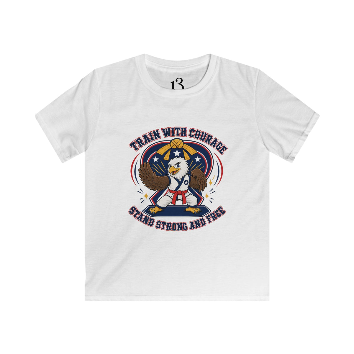 Kids Tee — "Train With Courage, Stand Strong And Free" Patriotic Martial Arts Penguin Design