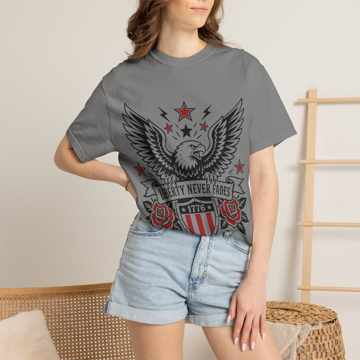 Liberty Never Fades Eagle T-Shirt — Patriotic 1776 Shield Tee