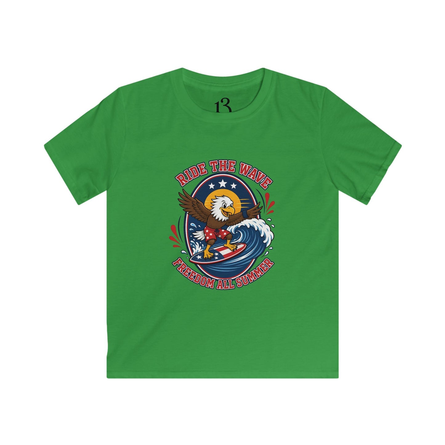 Kids T-Shirt — "Ride the Wave" Patriotic Eagle Surf Design