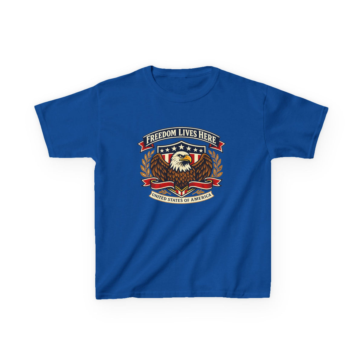 Kids T-Shirt — 'Freedom Lives Here' Eagle Patriotic Tee (Fourth of July, Memorial Day)