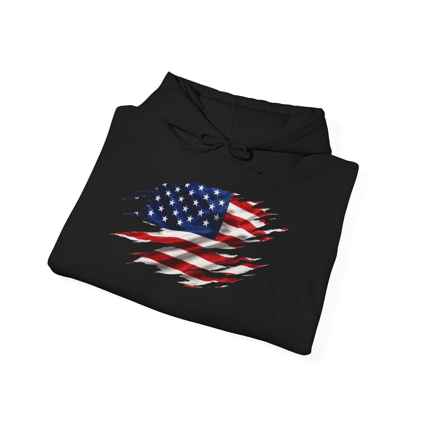 American Flag Ripped Design Hoodie — Distressed USA Flag Pullover