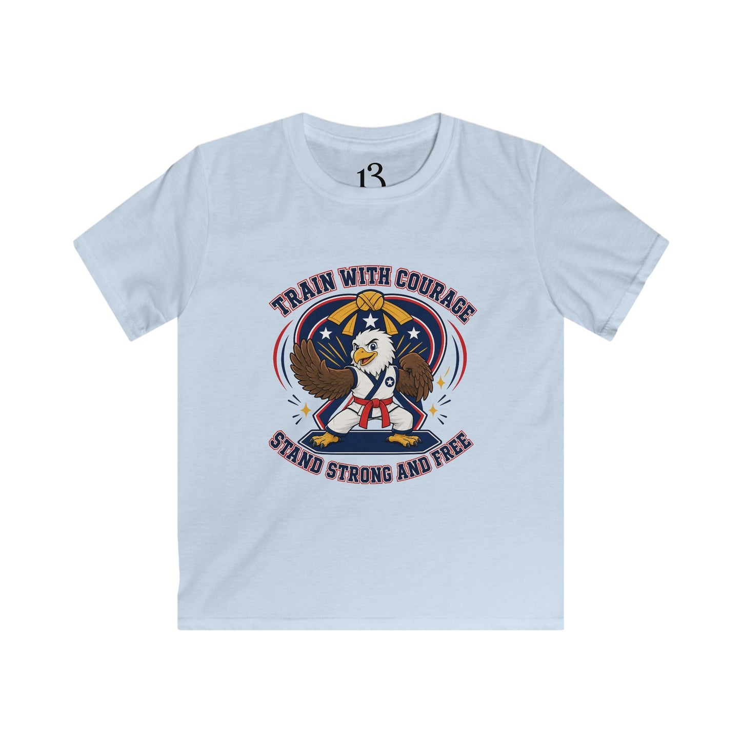Kids Tee — "Train With Courage, Stand Strong And Free" Patriotic Martial Arts Penguin Design