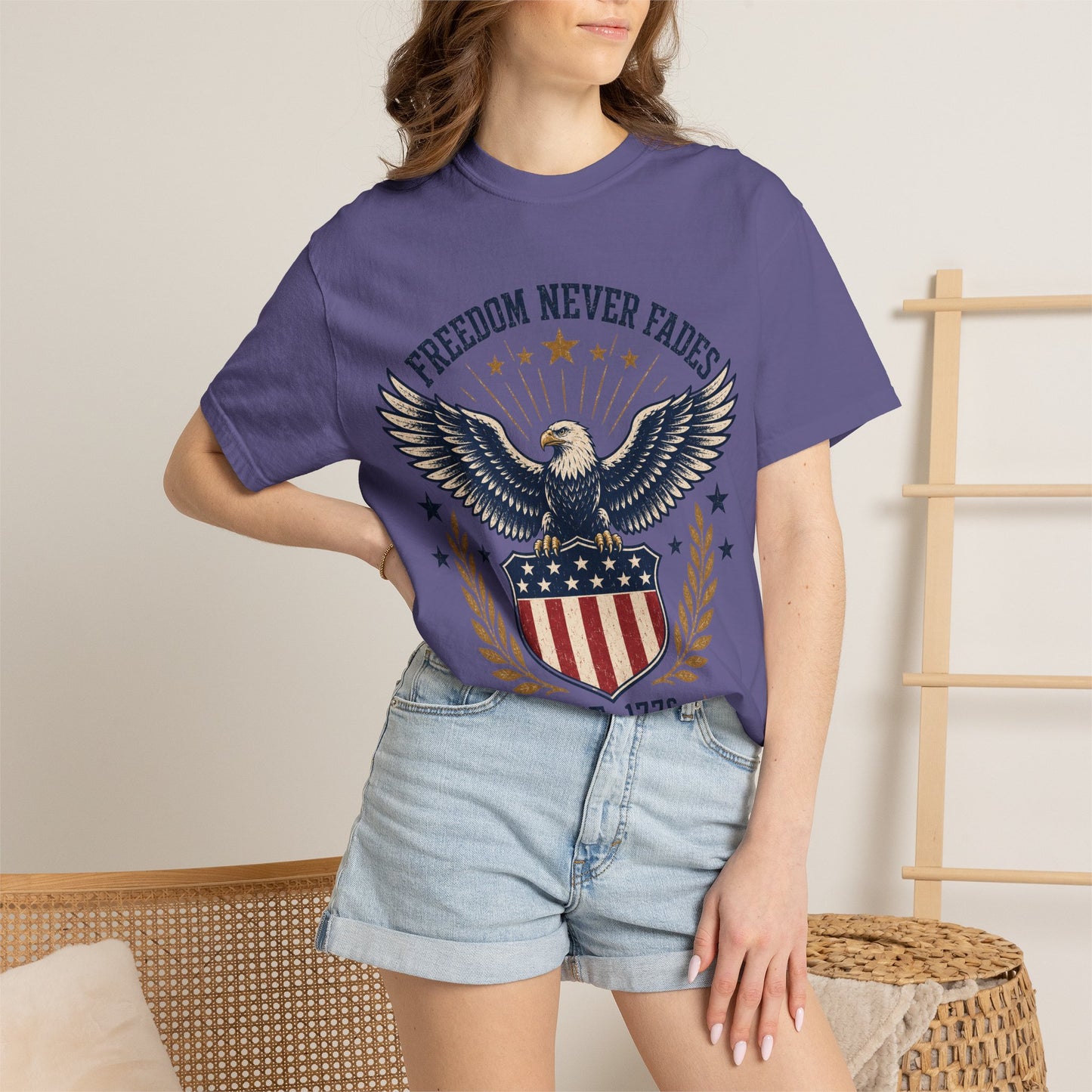 Freedom Never Fades T-Shirt — Vintage Eagle Shield Patriotic Tee (Est. 1776)