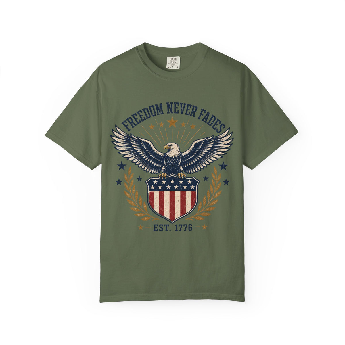 Freedom Never Fades T-Shirt — Vintage Eagle Shield Patriotic Tee (Est. 1776)