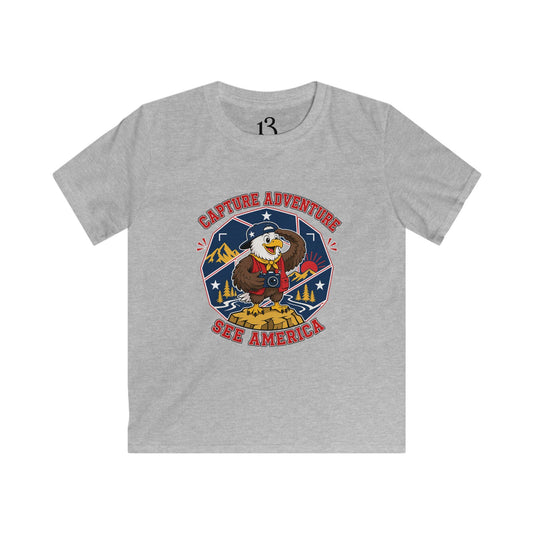 Kids Capture Adventure See America T-shirt with camera-carrying eagle