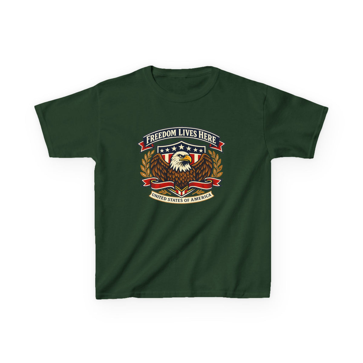 Kids T-Shirt — 'Freedom Lives Here' Eagle Patriotic Tee (Fourth of July, Memorial Day)