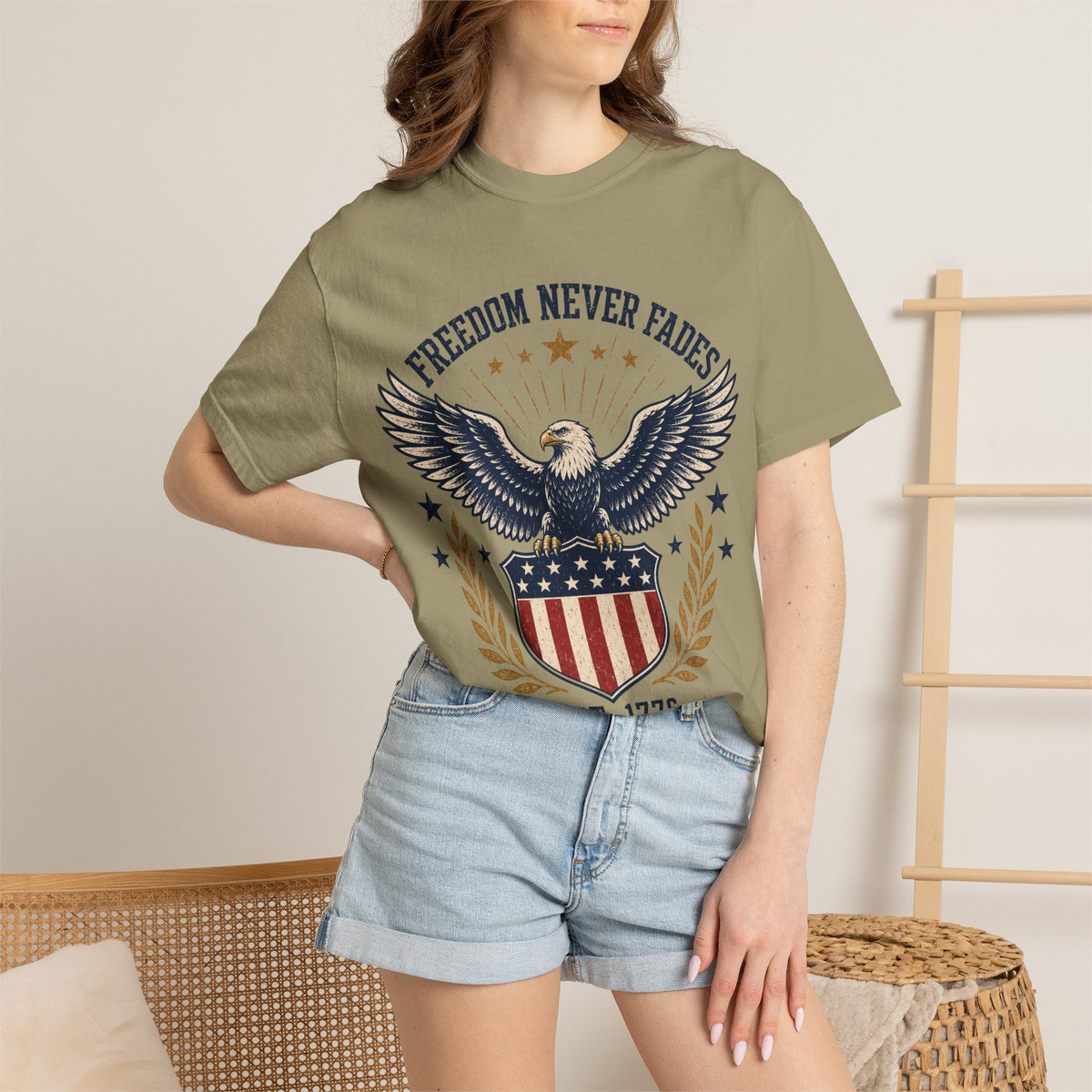 Freedom Never Fades T-Shirt — Vintage Eagle Shield Patriotic Tee (Est. 1776)