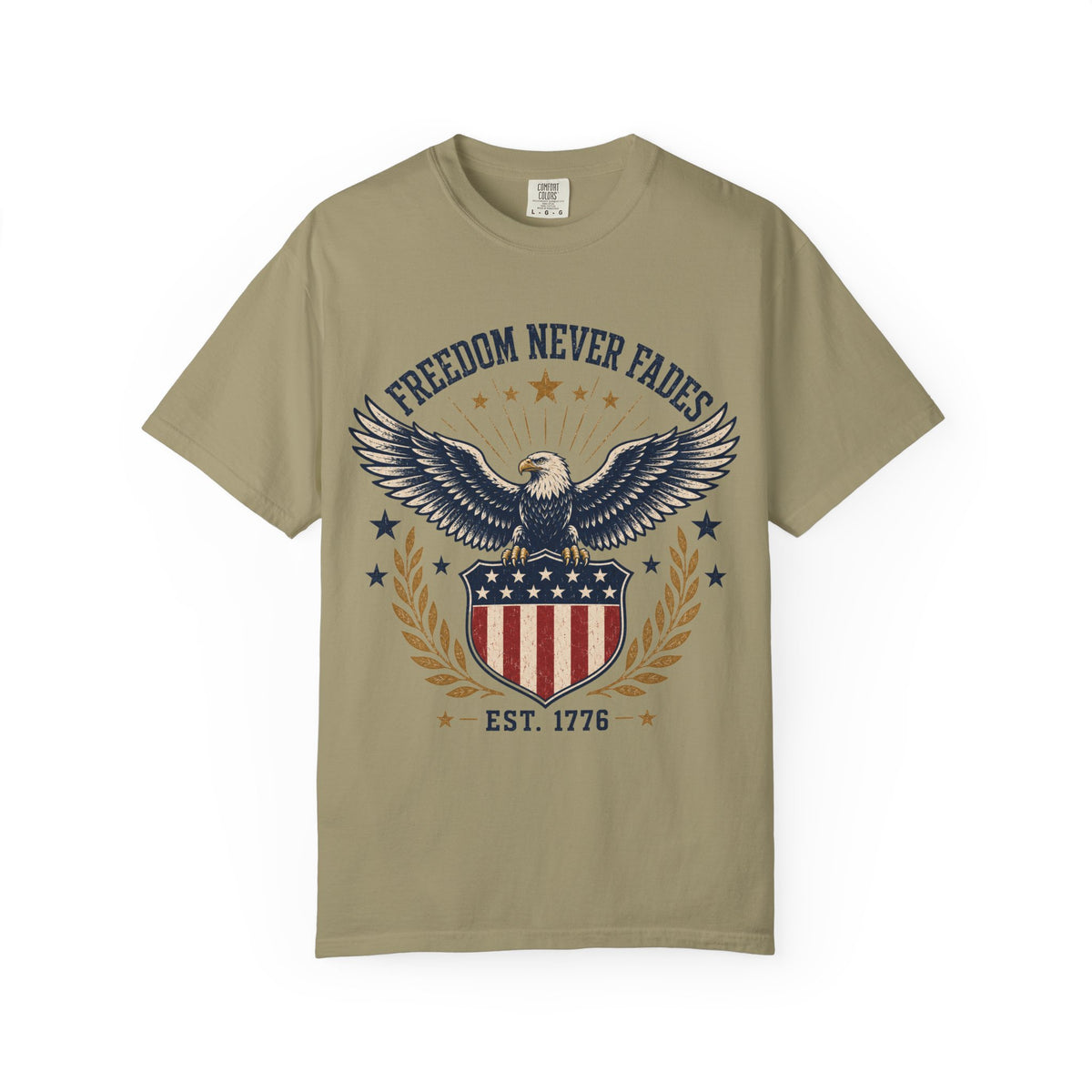 Freedom Never Fades T-Shirt — Vintage Eagle Shield Patriotic Tee (Est. 1776)