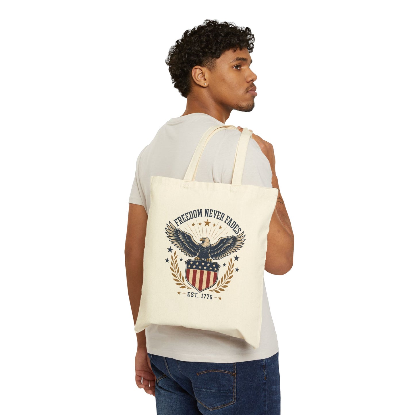 Patriotic Eagle Tote Bag — "Freedom Never Fades" Cotton Canvas Shopping Tote