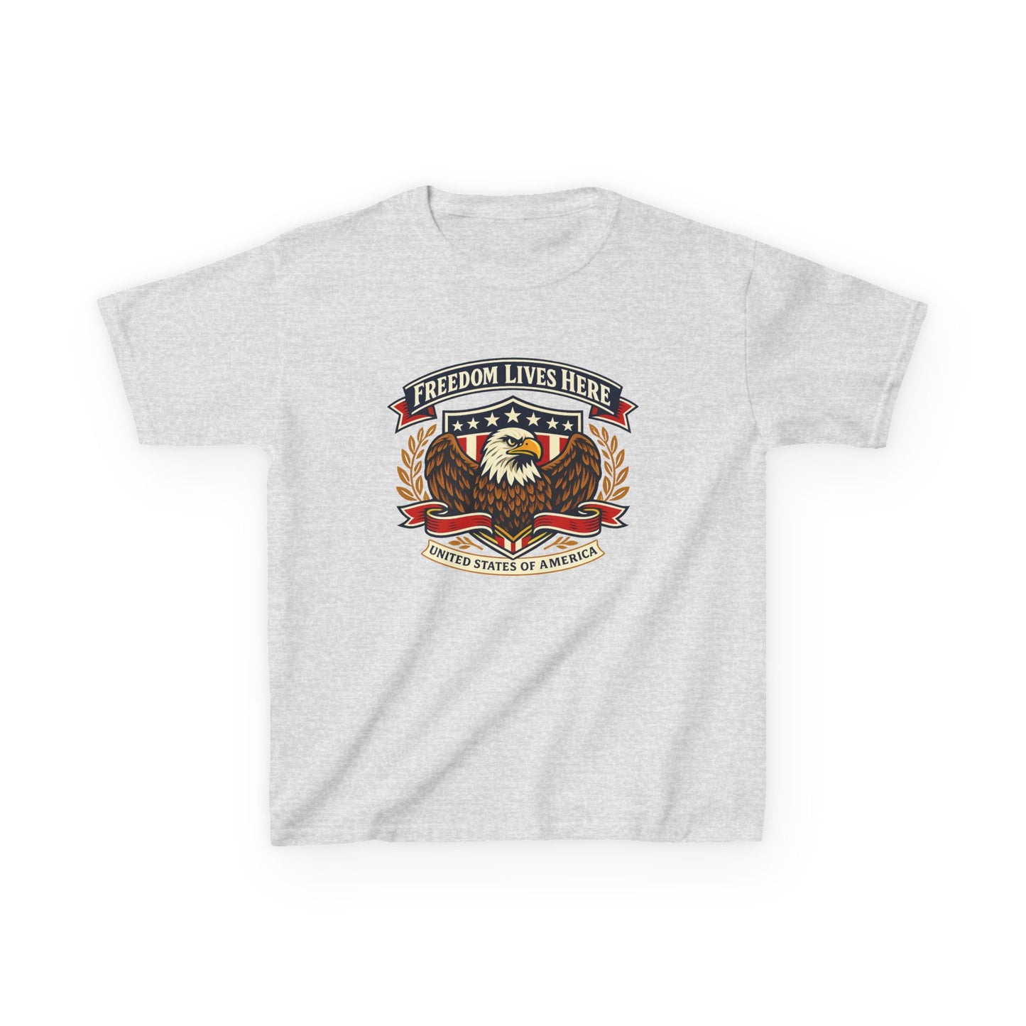 Kids T-Shirt — 'Freedom Lives Here' Eagle Patriotic Tee (Fourth of July, Memorial Day)