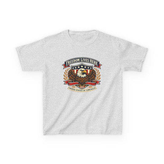 Kids T-Shirt — 'Freedom Lives Here' Eagle Patriotic Tee (Fourth of July, Memorial Day)