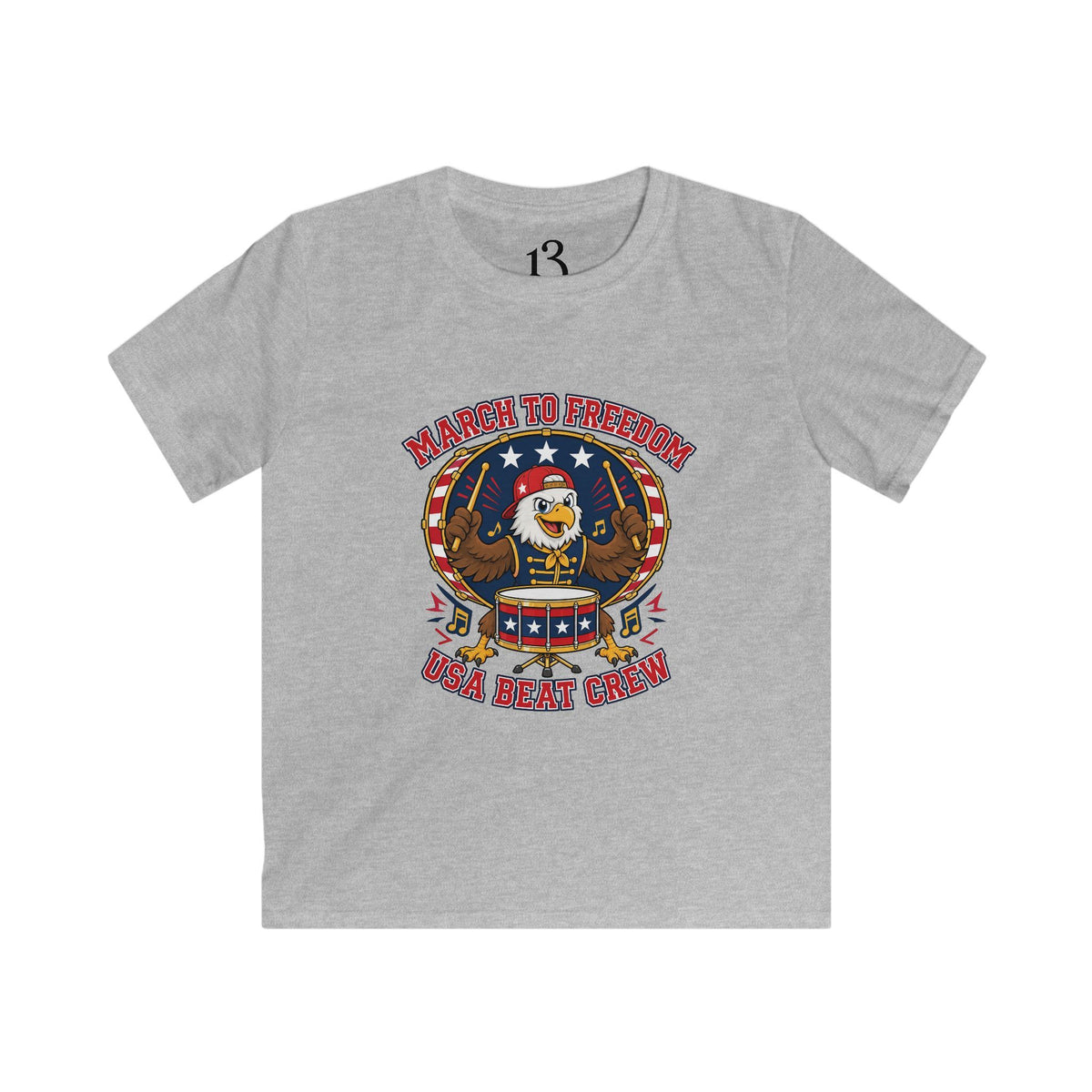Kids March to Freedom USA Beat Crew T-shirt with cartoon eagle drummer