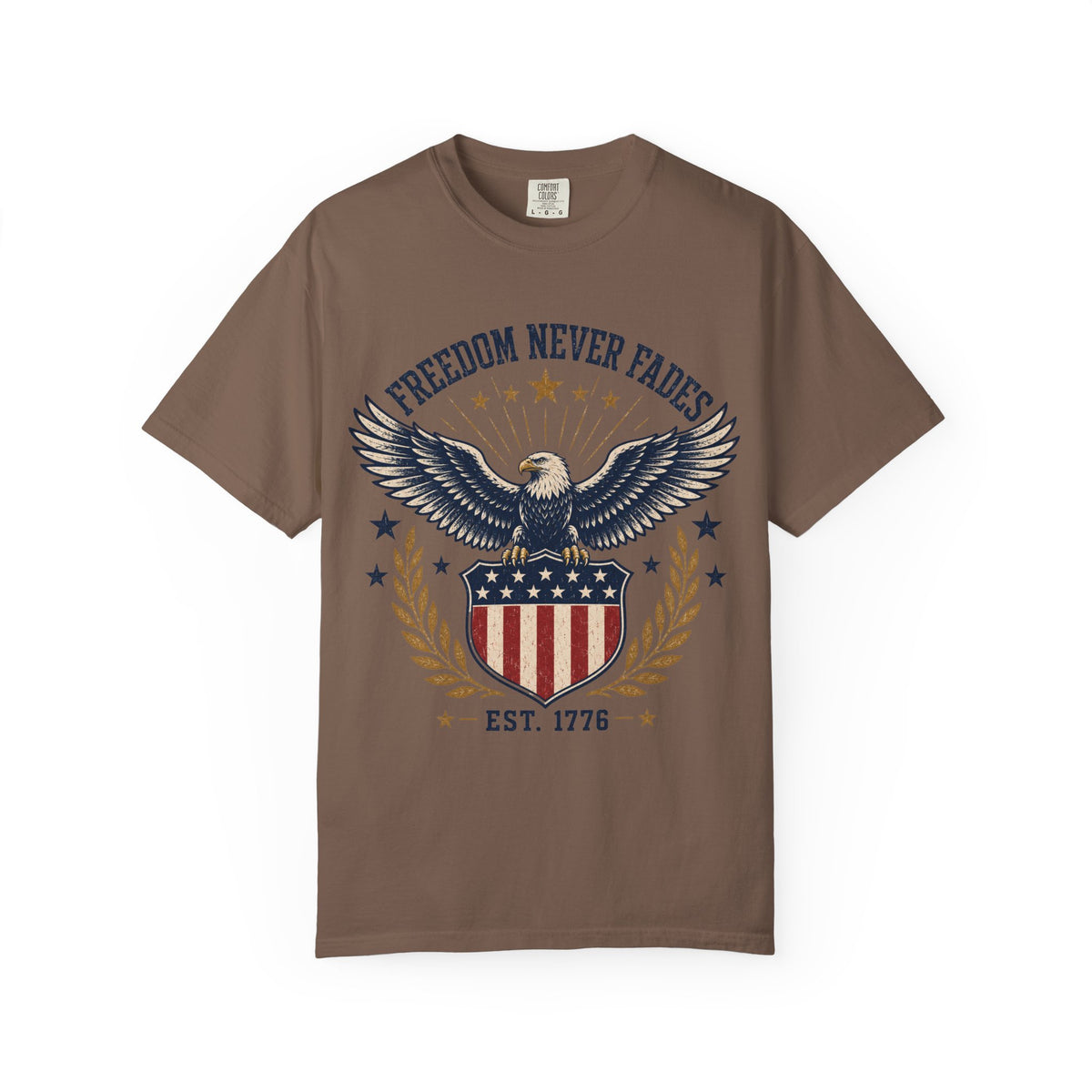Freedom Never Fades T-Shirt — Vintage Eagle Shield Patriotic Tee (Est. 1776)