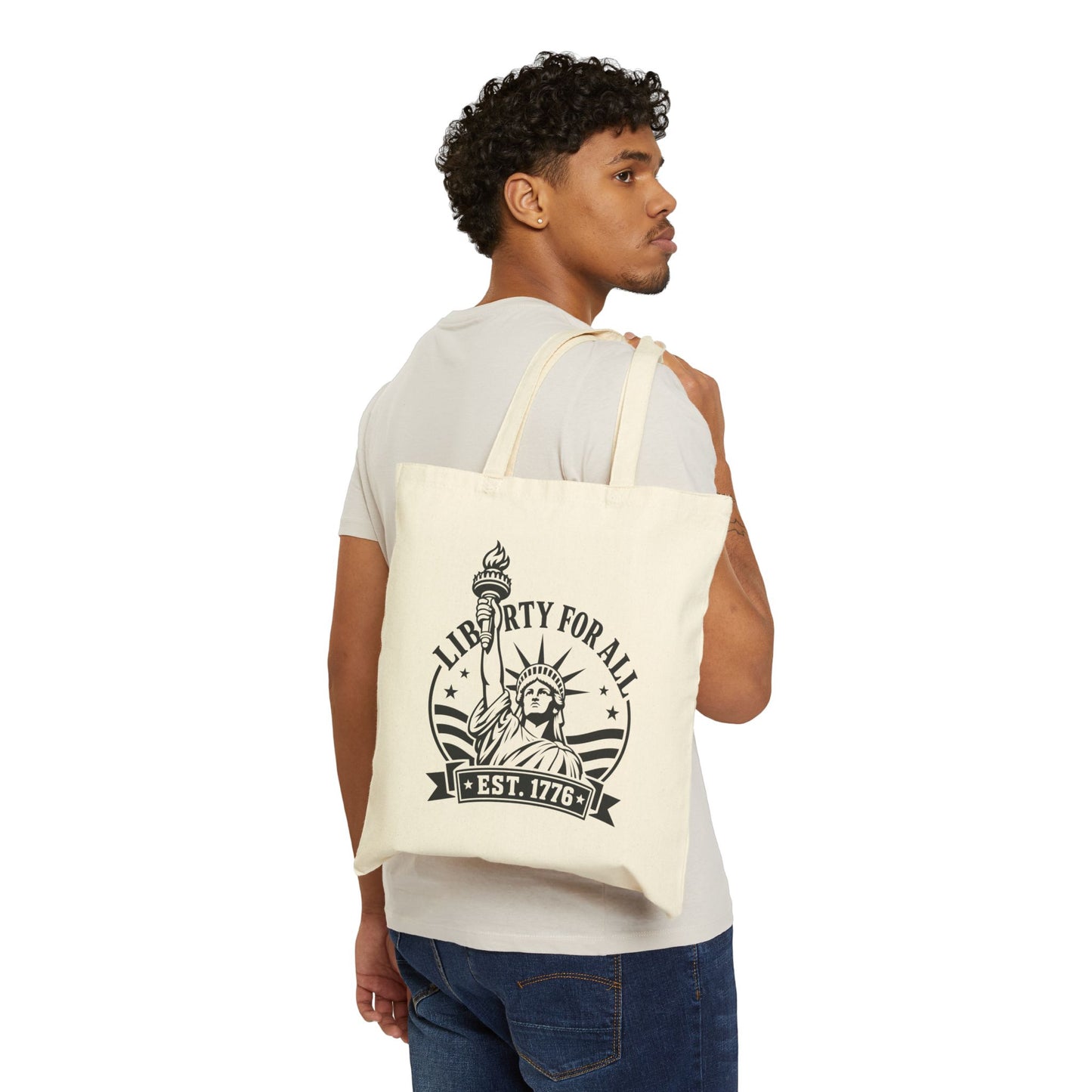 Liberty For All Canvas Tote Bag – Statue of Liberty Patriotic Grocery Tote (Est. 1776)