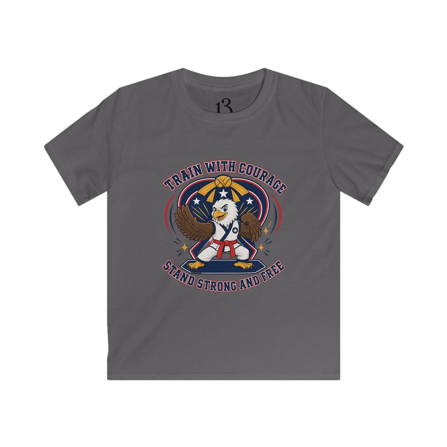 Kids Tee — "Train With Courage, Stand Strong And Free" Patriotic Martial Arts Penguin Design