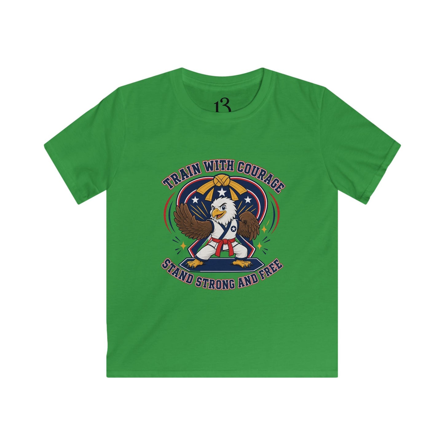 Kids Tee — "Train With Courage, Stand Strong And Free" Patriotic Martial Arts Penguin Design