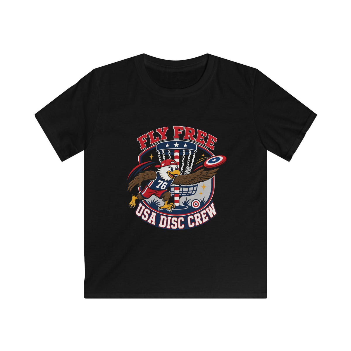 Kids Tee — "Fly Free USA Disc Crew" Patriotic Eagle Graphic